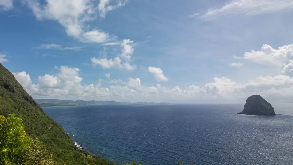 Plage paisible du Sud Caraïbe en Martinique bordée de cocotiers et d’eaux calmes