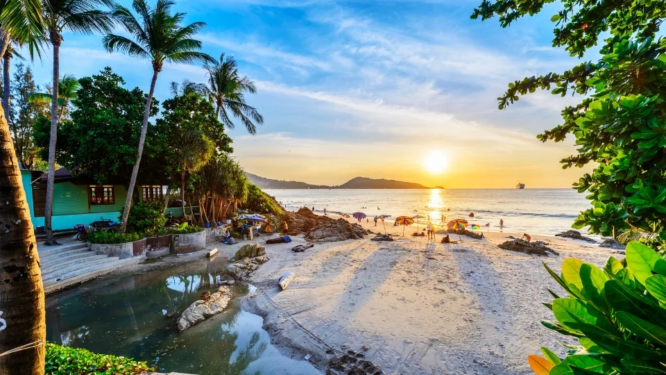 Plage bordée de cocotiers dans le golfe de Thaïlande